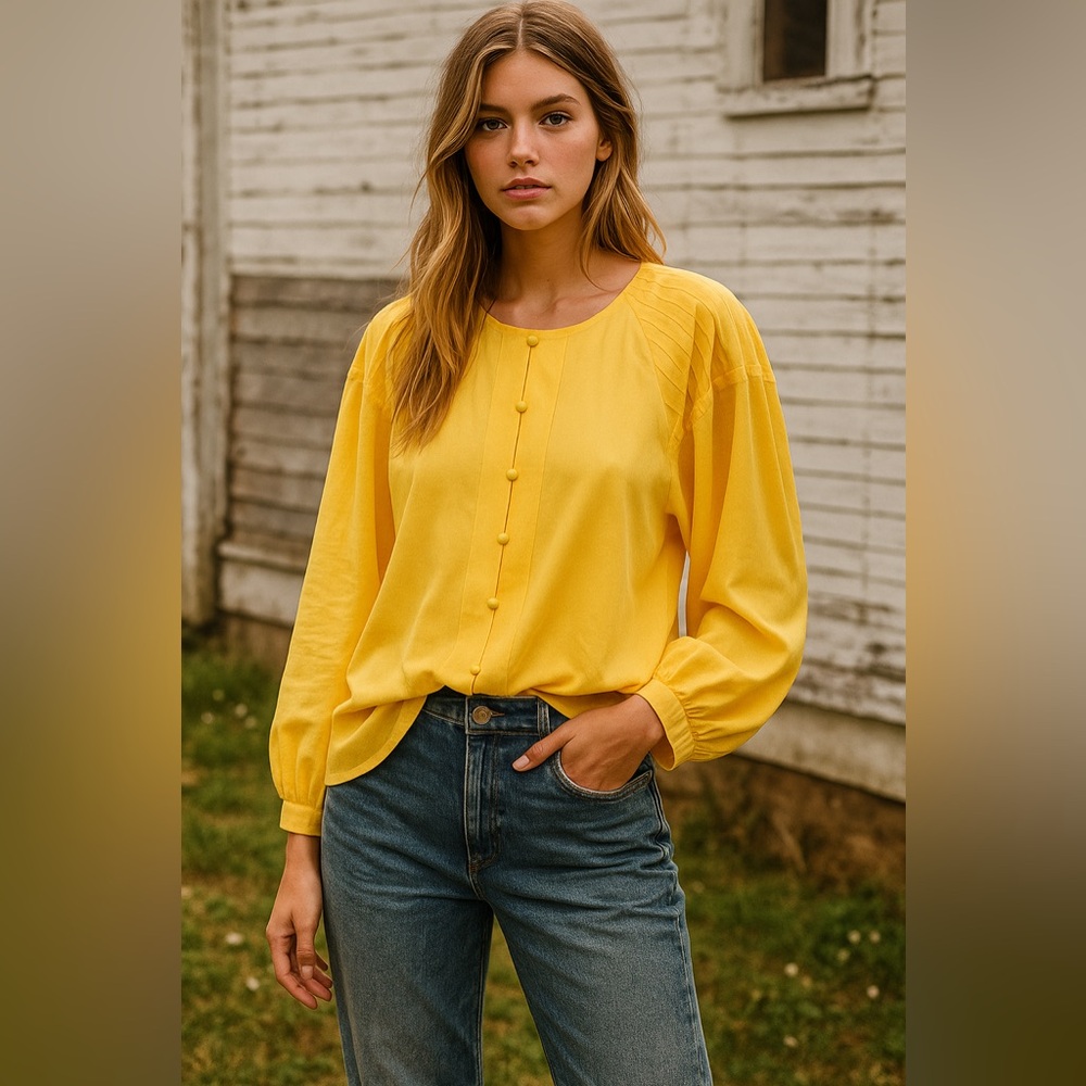 SIMON CHANG | Yellow Blouse with Pleated Details - Picture 4 of 14